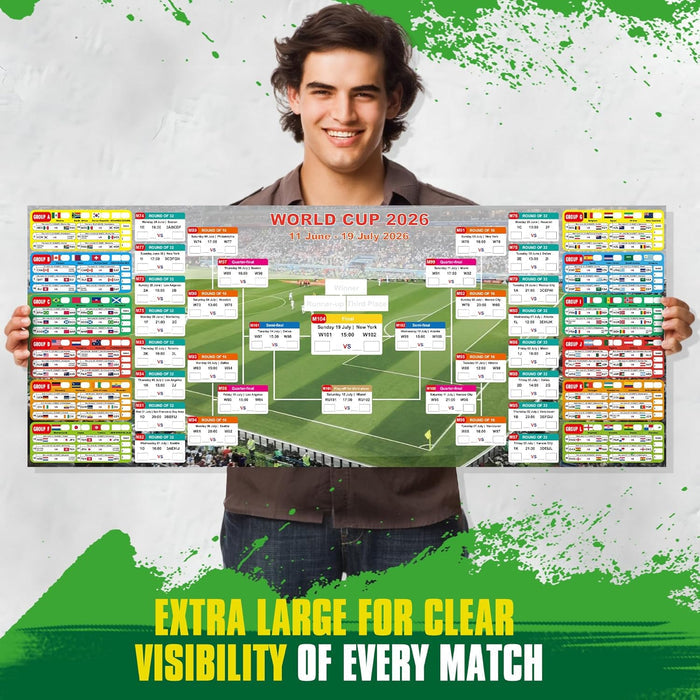 full match schedule, knockout bracket, and group stage tracker printed on the chart