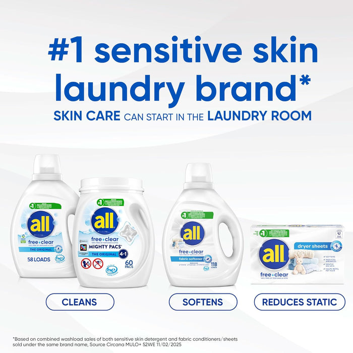 All Free Clear Mighty Pacs – Streamlined Laundry Detergent for Clutter-Free Apartment Closets, 60 Pacs