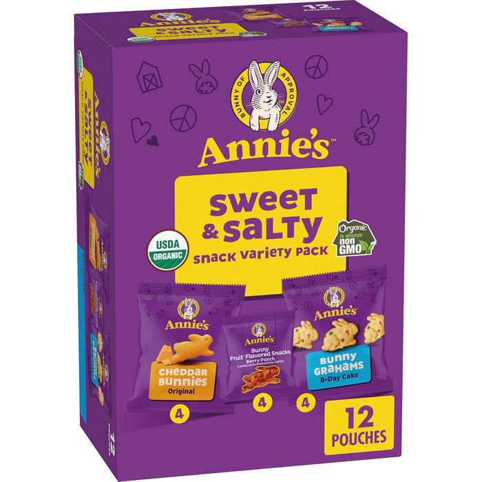12-count variety pack containing 4 cheddar bunnies baked crackers pouches, 4 bunny berry patch fruit flavored snacks pouches, and 4 bunny b-day cake baked graham pouches