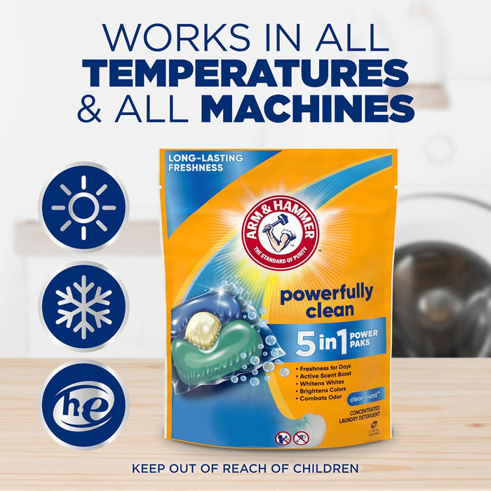 Arm & Hammer Clean Burst 5-in-1 Laundry Power Paks – Self-Care Laundry Ritual Upgrade, Long-Lasting Freshness
