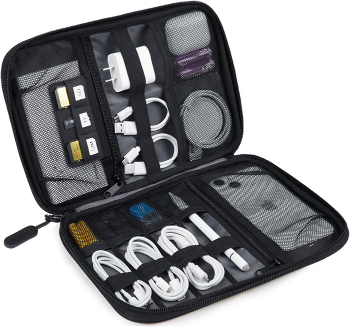 11 compartments including 2 zippered mesh pockets, 6 elastic loop pouches, and dedicated sd card slots