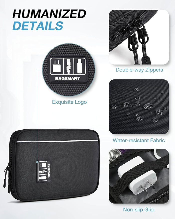 elastic loops with non-slip grips to secure cables, earbuds, and small chargers