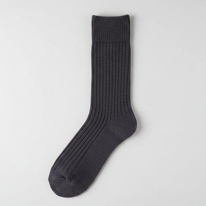 A single dark charcoal blue ribbed knit sock displayed flat against a light gray background.