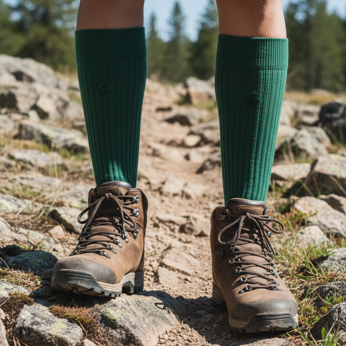 a hikers feet with green bamboo socks and boots