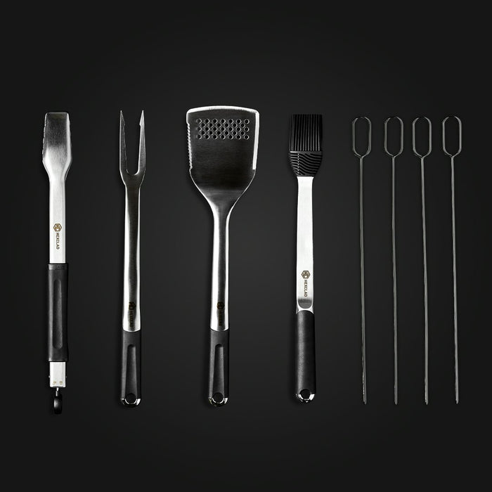 The HexClad BBQ Tool Set, 8pc, against a black background.