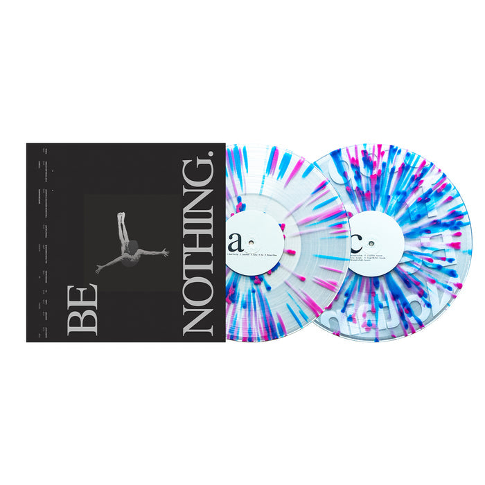 Commemorate 10 years of Boston Manor with the "Be Nothing." vinyl album, featuring a striking black and white cover with a grayscale image of a person diving and two splatter-patterned records in white, blue, and pink tones.