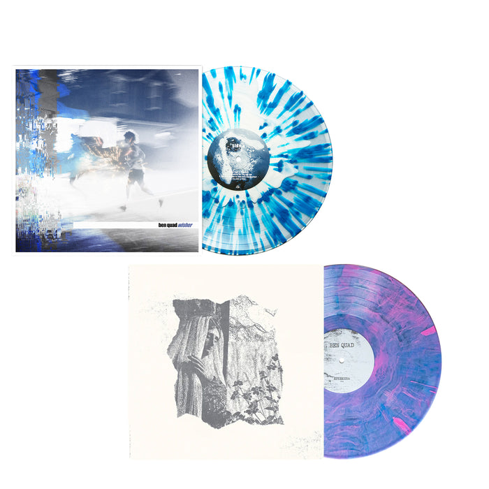 Two colorful, limited edition Ben Quad LPs: one blue/bone splatter vinyl with a blurred motion cover, and one purple/blue marble vinyl with a black & white abstract textured cover, both partially slipped from their sleeves.