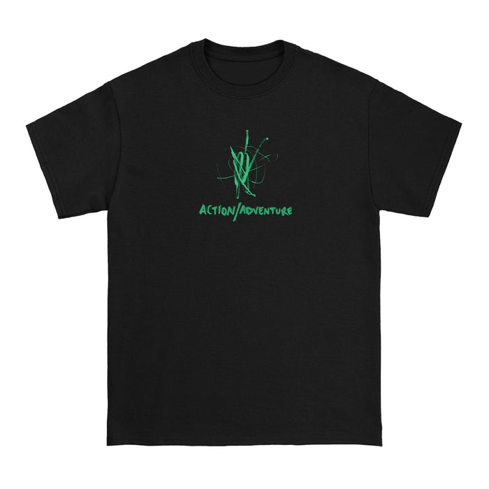 Black Action/Adventure t-shirt featuring a neon green abstract design above the bold, handwritten ACTION/ADVENTURE logo on the front—ideal for fans of big swings and outdoor adventure.