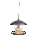 A black bird feeder with a round roof and a perch running around the edge. It has a clear container with seed inside, and a black base.