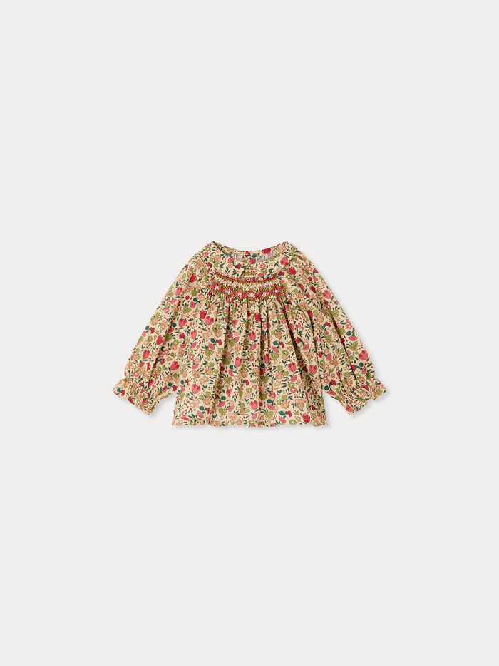 Blouse bébé Pompom en tissu Liberty smockée et brodée main en coton biologique