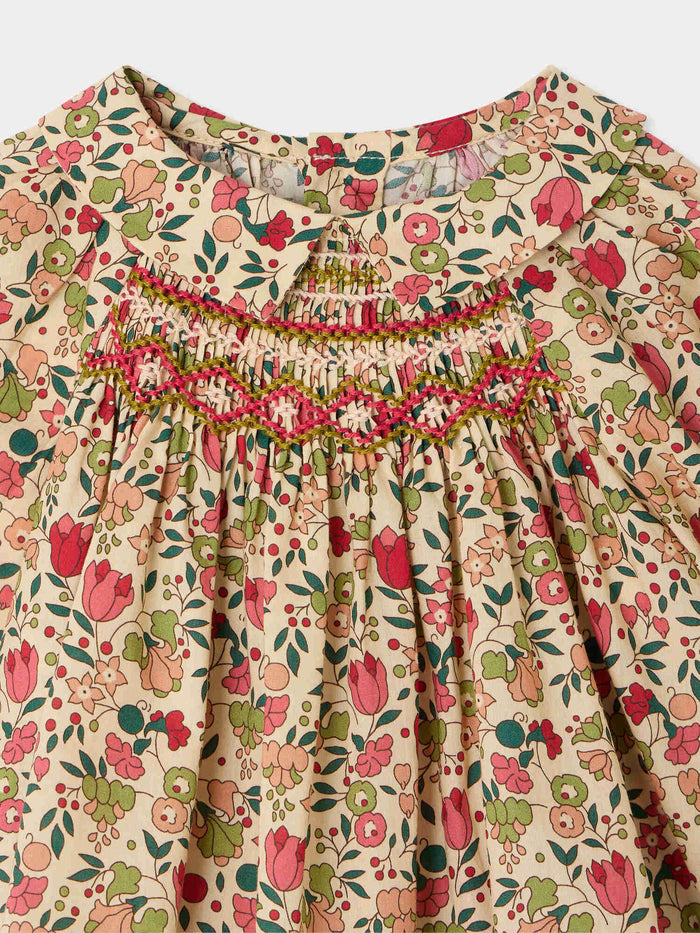 Blouse bébé Pompom en tissu Liberty smockée et brodée main en coton biologique