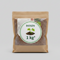 A package of Bokashi bran weighing 1kg, sealed in a brown paper bag with a label showing the product name and an image of green leaves.