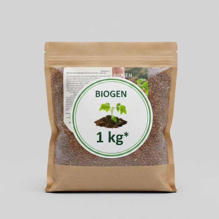 A package of Bokashi bran weighing 1kg, sealed in a brown paper bag with a label showing the product name and an image of green leaves.