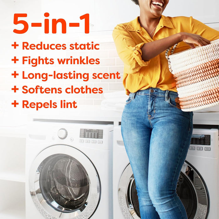5-in-1 benefits: static control, wrinkle reduction, extra softness, lasting scent, and lint repelling