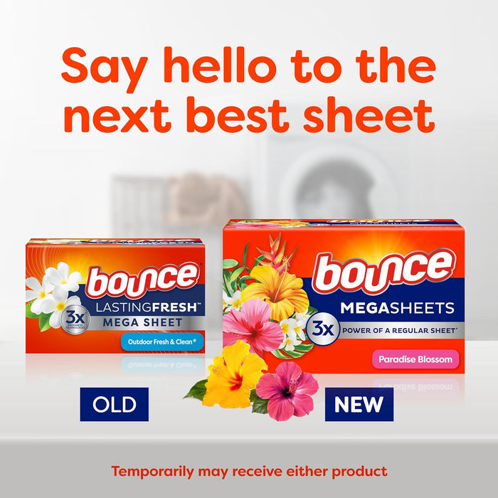 Bounce Mega Dryer Sheets Paradise Blossom 130 Count Compact Softener for Small Apartment Laundry Closets