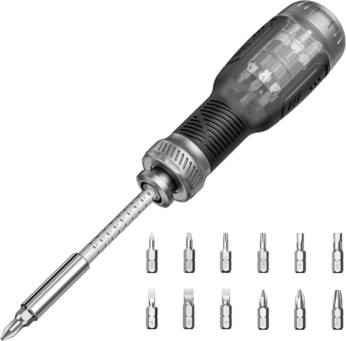 12 interchangeable bits covering flathead, philips, torx, hex, and square heads plus a 1/4" nut driver