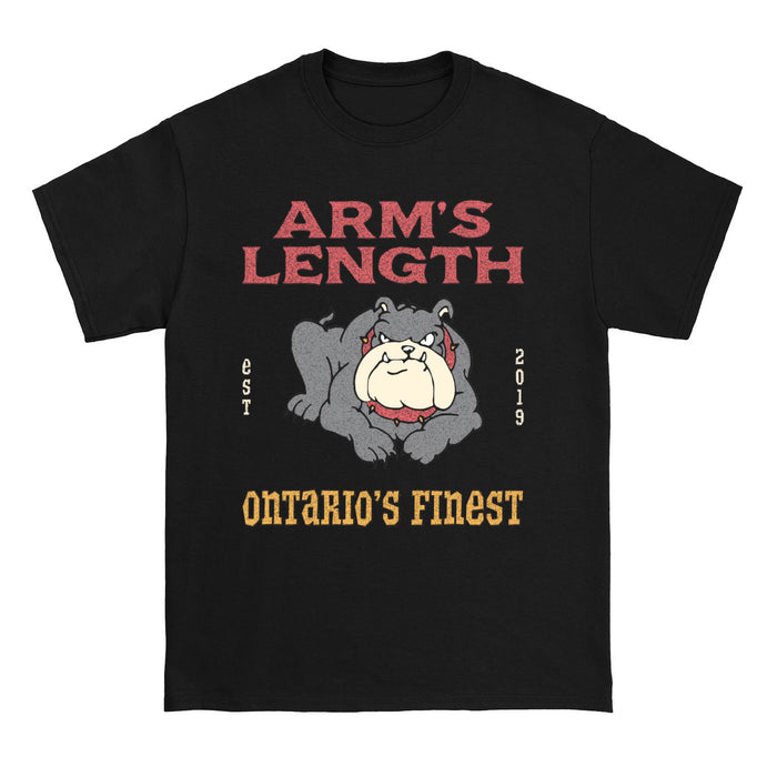 A black Comfort Colors t-shirt by Arm's Length with a cartoon bulldog and bold red, white, and yellow text: "ARMS LENGTH," "est 2019," and "ONTARIO'S FINEST.