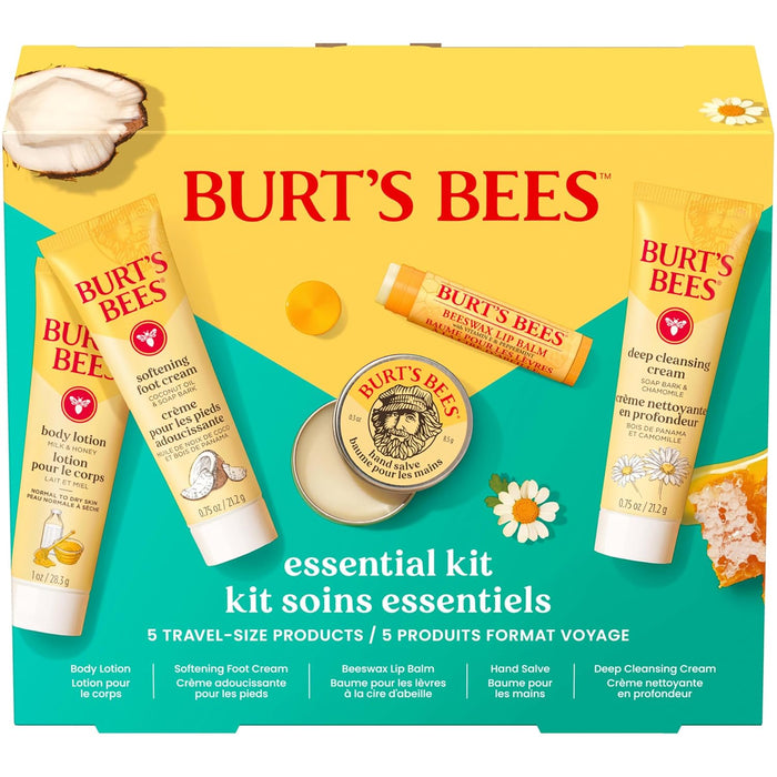 five travel-size products in one kit: 0.75 oz deep cleansing cream, 1 oz milk and honey body lotion, 0.3 oz hand salve, 0.75 oz softening foot cream, and 0.15 oz beeswax lip balm