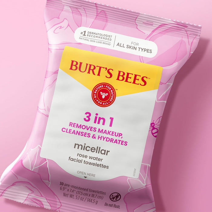 Burt's Bees Rose Water Micellar Wipes – Mindful Evening Cleanse for Reactive Skin, No-Rinse Facial Towelettes