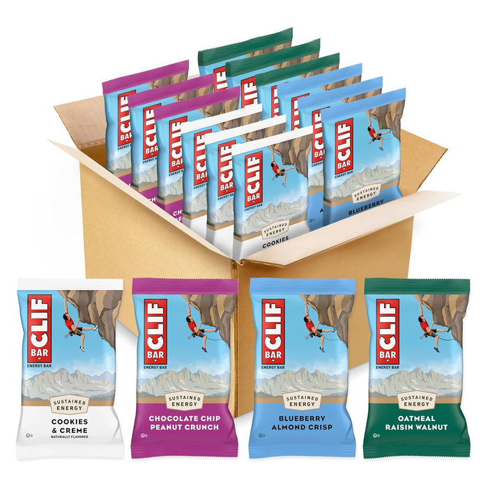 12-count variety box containing 4 flavors (cookies & creme, chocolate chip peanut crunch, blueberry almond crisp, oatmeal raisin walnut)