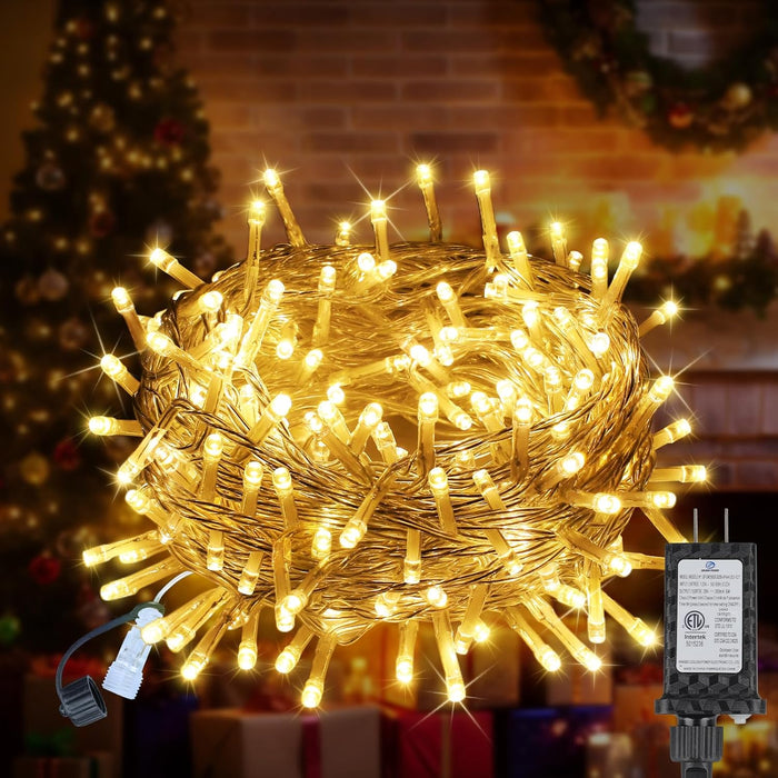 100 led bulbs spaced 4 inches apart across a 33 ft string (43 ft total with 10 ft lead wire)