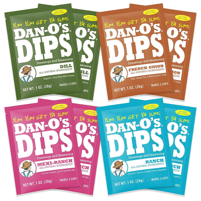 8-pack containing 2 packets each of ranch, mexi-ranch, french onion, and dill at 1 oz per packet