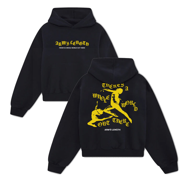 Arm's Length midweight pullover hoodie shown front and back. Front displays yellow "ARMS LENGTH" text and "THERE'S A WHOLE WORLD OUT THERE" in white; back shows yellow abstract figures with the same white text surrounding them.