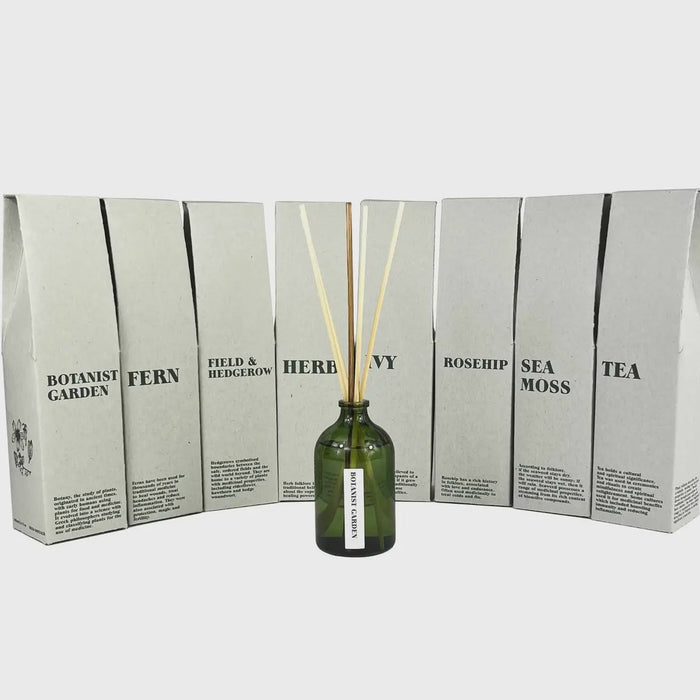 Green bottle with diffuser sticks in front of a display box with text on a white background