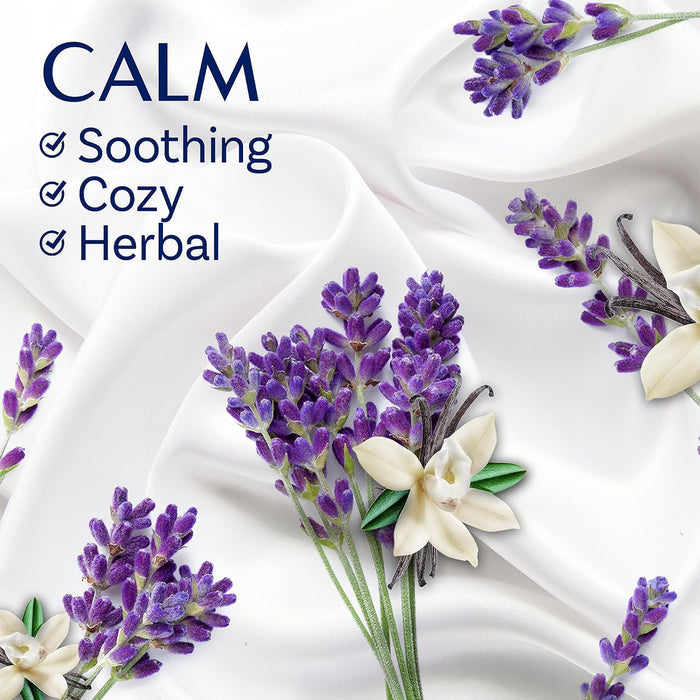 multiple scent variants across the line: lavender & vanilla bean (calm), sparkling amber & rose, and rose