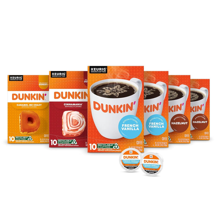 60 k-cup pods split across four flavors: french vanilla (20), hazelnut (20), cinnamania (10), and caramel me crazy (10)