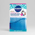 Packaging of ecozone enzymatic drain cleaning sticks, with product visible through a window on the box, highlighting its use for drain maintenance.