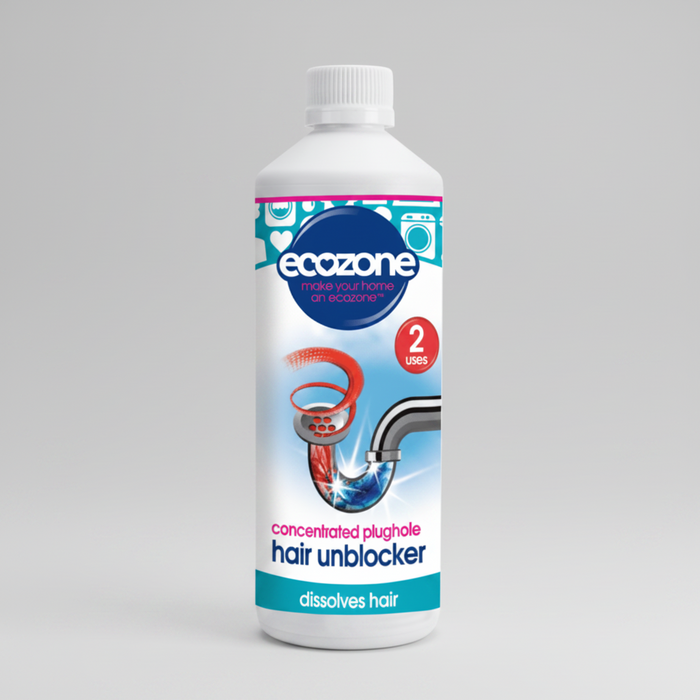 A bottle of Ecozone Plughole Hair Unblocker, designed to dissolve hair build-up in blocked plumbing.
