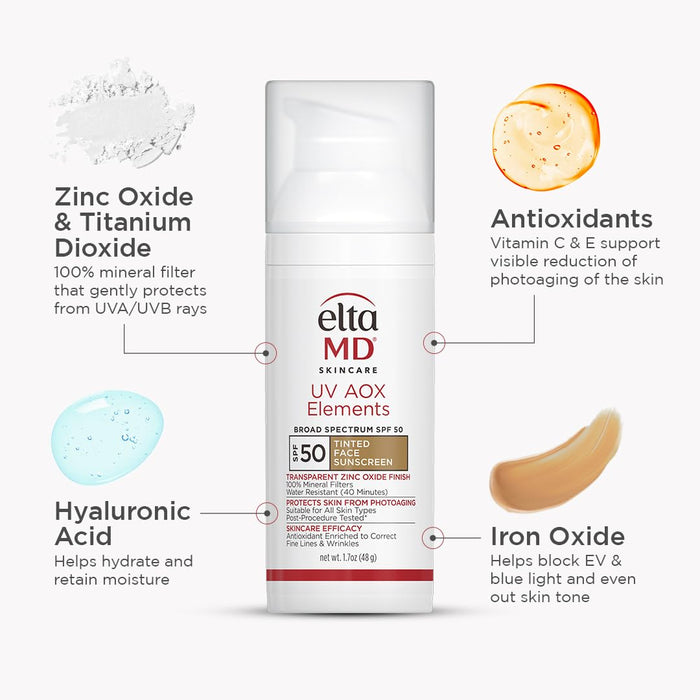 EltaMD UV AOX Elements SPF 50 – Uncluttered Tinted Coverage, Zero White Cast