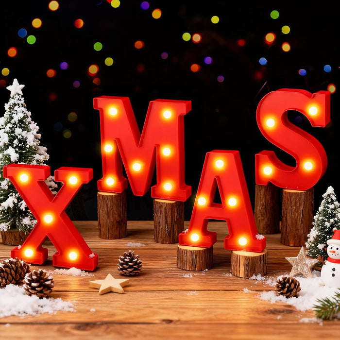 four-piece led letter set spelling out one of three christmas phrases (xmas, joy, or hohoho)