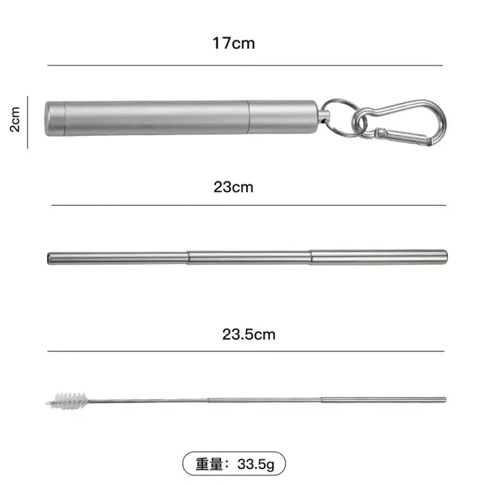 Silver metal cleaning straw set with a cylindrical canister, a long rod, a straw cleaner, and a carabiner, shown with dimension labels (17cm, 23cm, 23.5cm) and a weight label (33.