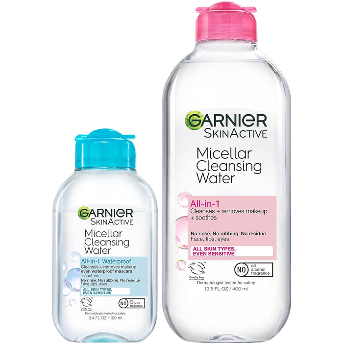 bundle includes 13.5 fl oz all-skin-types bottle plus 3.4 fl oz waterproof formula