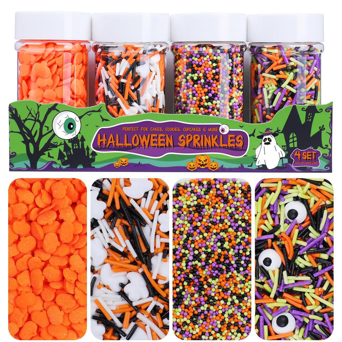 4-in-1 sprinkle mix including candy eyeballs, colored strands, nonpareils, and pumpkin shapes