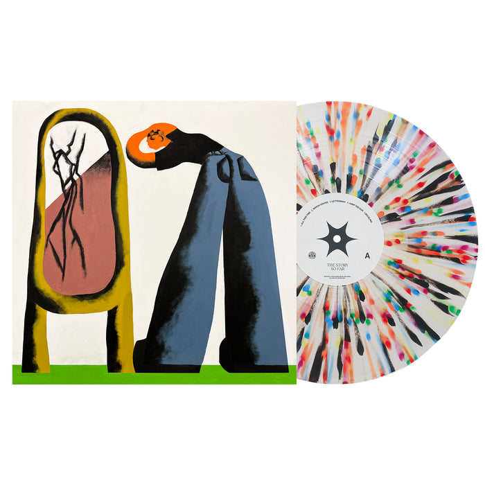 A colorful, limited edition Milky Clear vinyl record with multicolored splatters from The Story So Far sits next to an abstract album cover featuring a person with orange hair, blue pants, and a yellow mirror with a cracked reflection, all set on a white background—part of the exclusive 4th Press release.