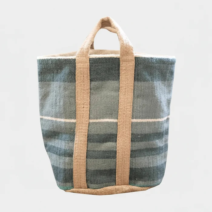 large jute storage bag blue , grey stripe