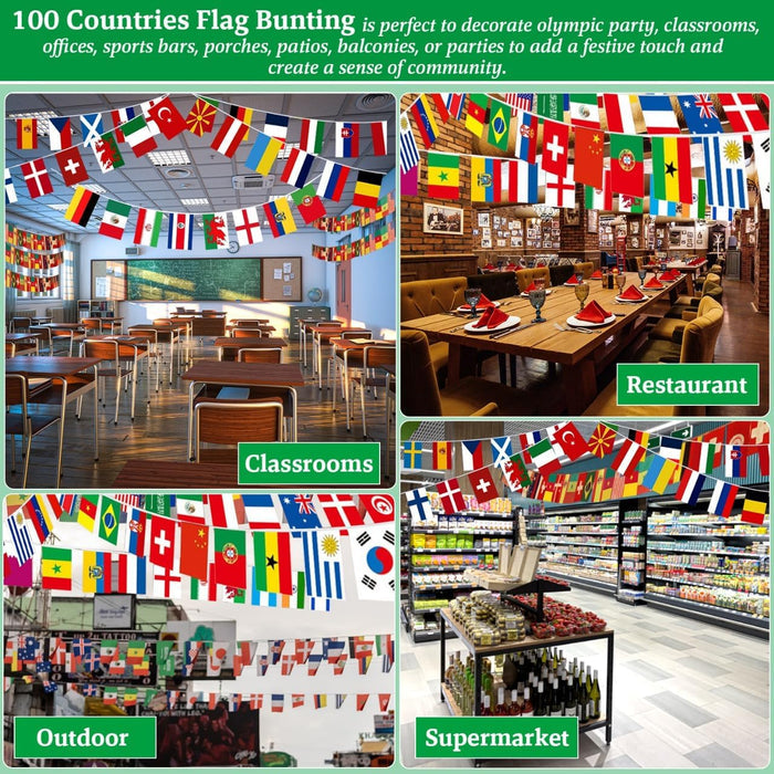 Kid-Safe International Flag Garland – 100 Mini Flags for School Fairs & Family Learning Spaces
