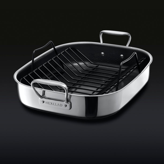 The HexClad Hybrid Roasting Pan with a black rack sitting inside inside.