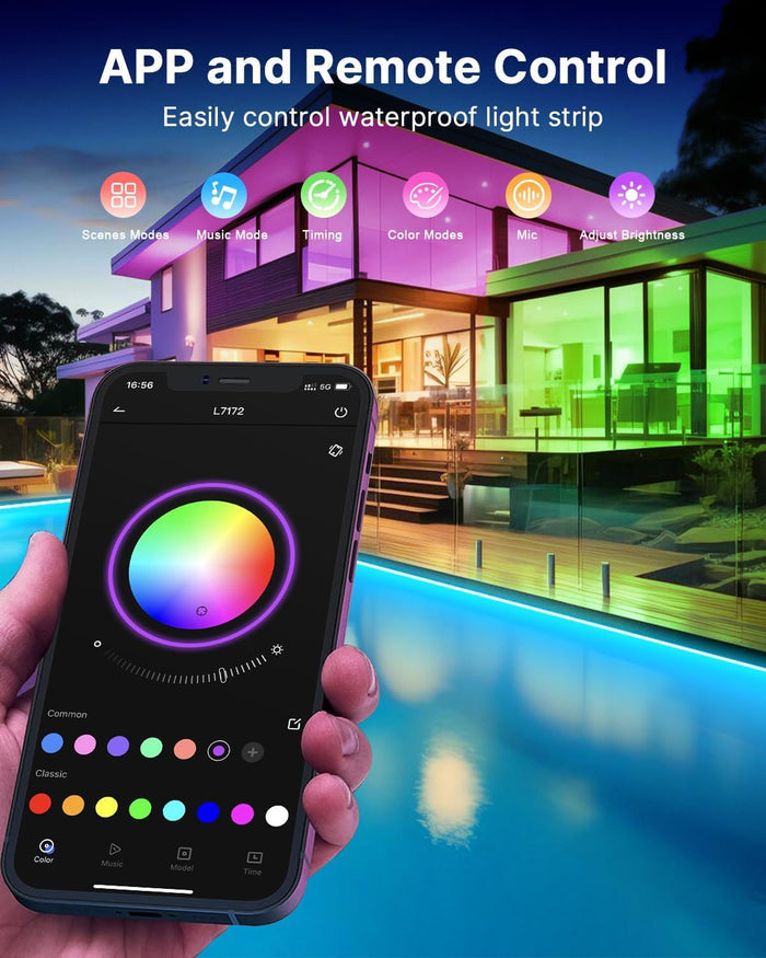 bluetooth app control ("illumi home") for colors, brightness, timers, and music sync