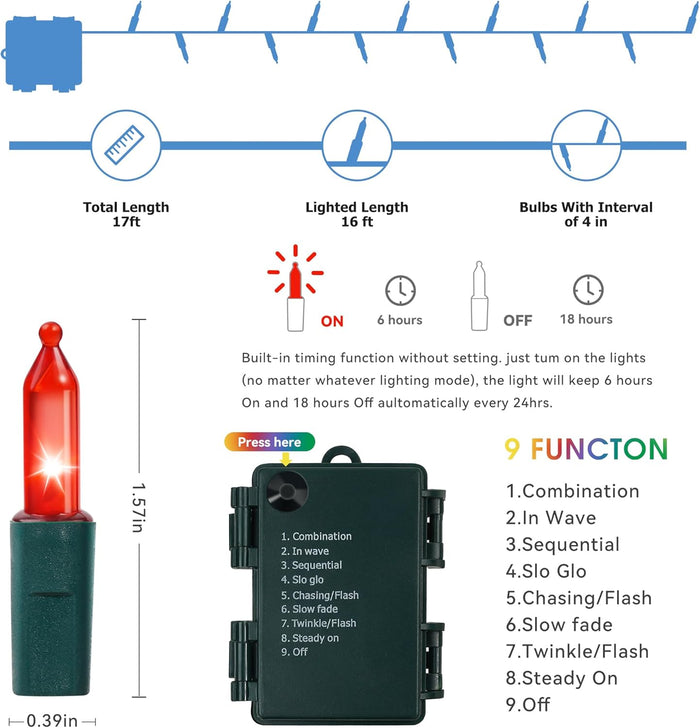 50 led mini bulbs per string, 18ft length with 4-inch lamp spacing
