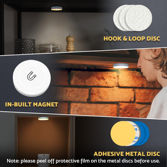 built-in strong magnet plus 3 adhesive metal discs and hook-and-loop discs for versatile mounting on metal, wood, glass, or porous surfaces