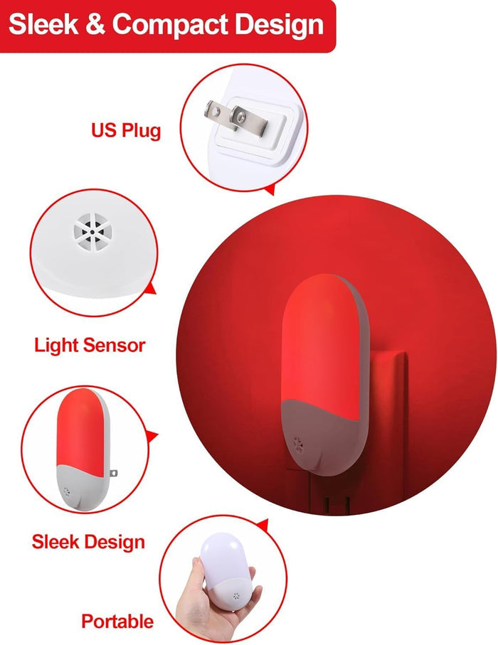 LumiRed Dusk to Dawn Red LED Night Light for Senior Night Safety, Bathroom and Hallway 3-Pack