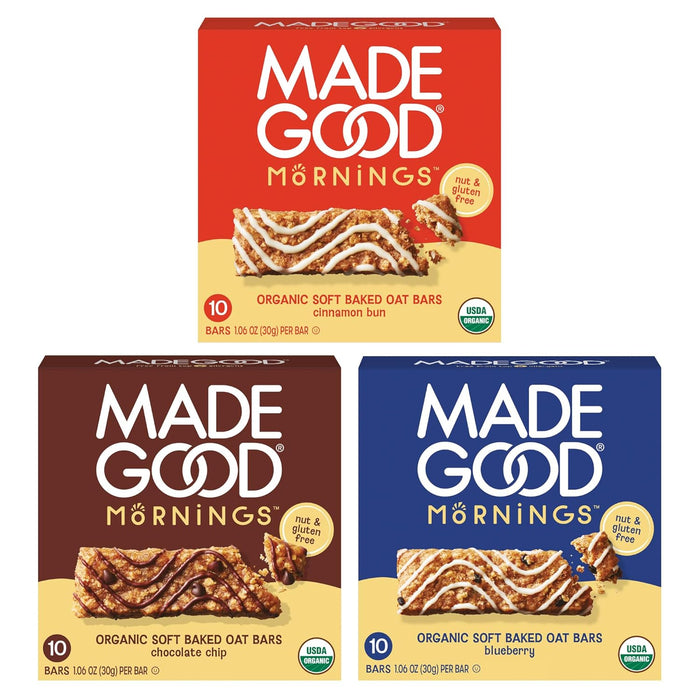 30-count variety pack with 10 bars each of chocolate chip, blueberry, and cinnamon bun