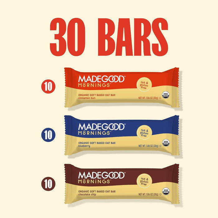 MadeGood Mornings Soft-Baked Oat Bars – Non-GMO Vegan Bar for the Shared Office Break Room, 30-Count Bulk Pack