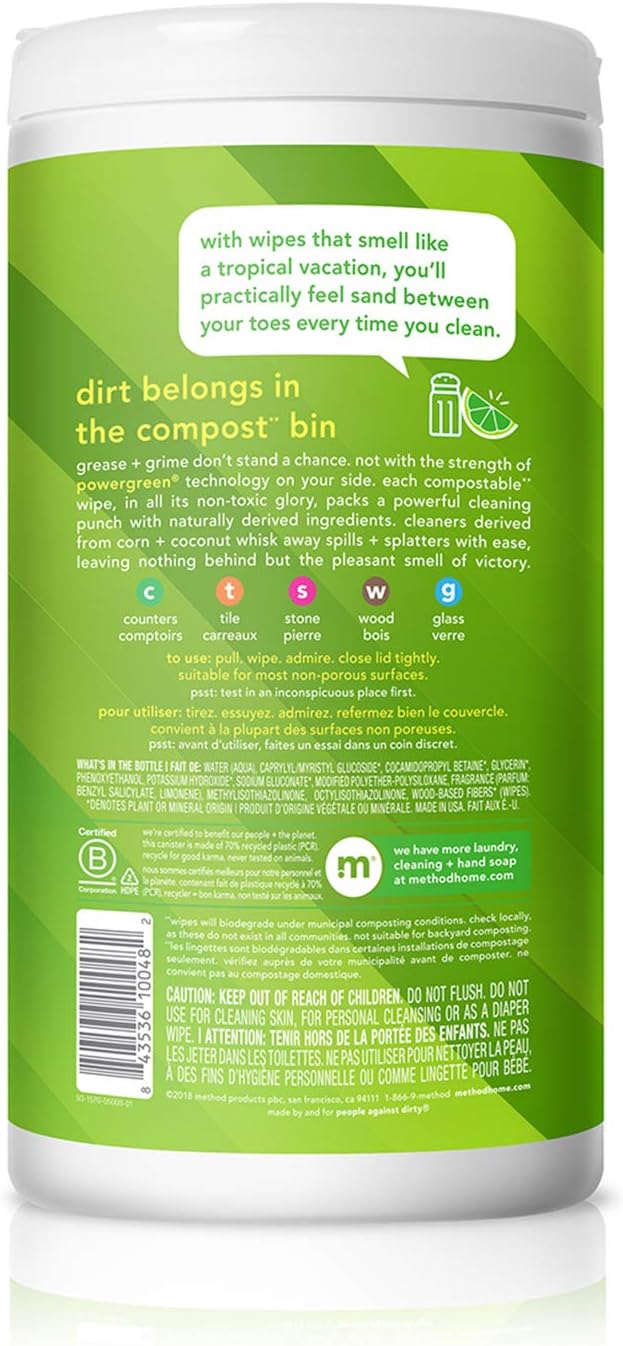Method Lime & Sea Salt Cleaning Wipes for a Calmer Home Ritual, Gentle Plant-Based Counter and Sink Care