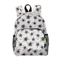 Light grey mini back pack with bee design front zip pocket side mesh pockets, lightweight foldable