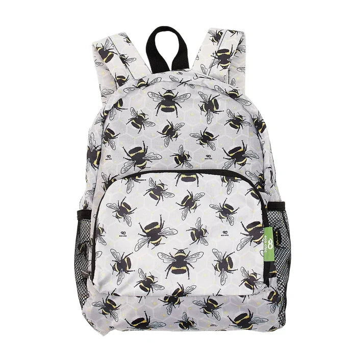Light grey mini back pack with bee design front zip pocket side mesh pockets, lightweight foldable
